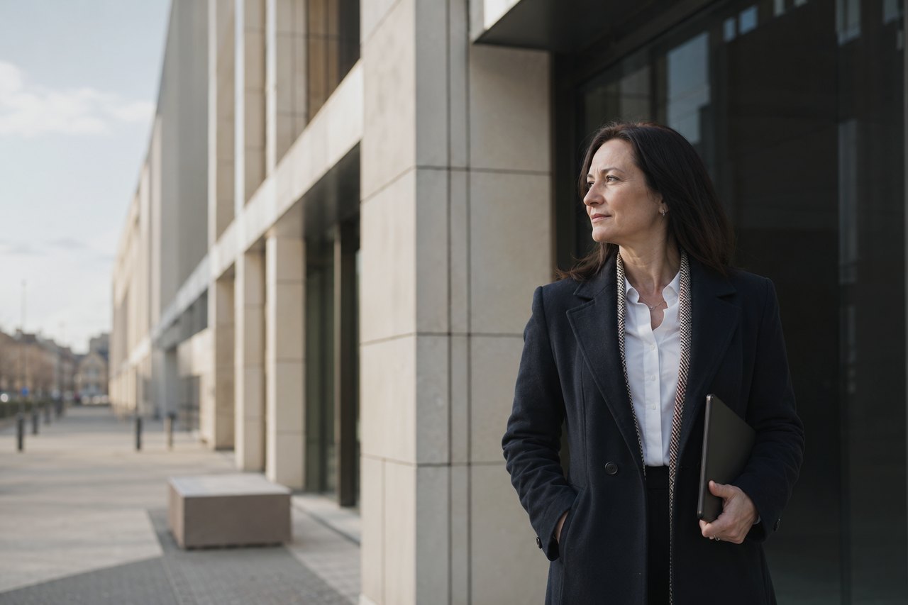 Podnikatelka v tmavém kabátě stojí před moderní administrativní budovou v centru města, v jedné ruce drží zavřený notebook a hledí do dálky.