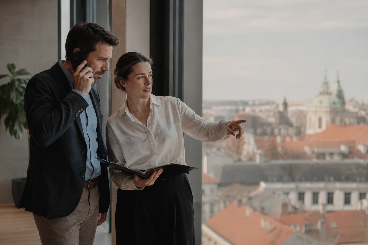 Podnikatel v tmavém saku telefonuje u proskleného okna kanceláře, kolegyně v bílé košili drží otevřený pořadač a ukazuje na panorama pražských střech