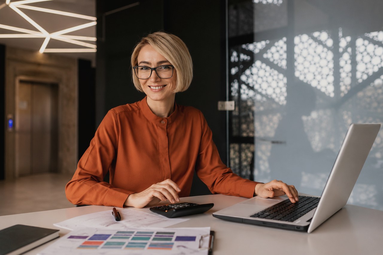 Podnikatelka pracuje s notebookem a kalkulačkou v moderní kanceláři v centru Prahy