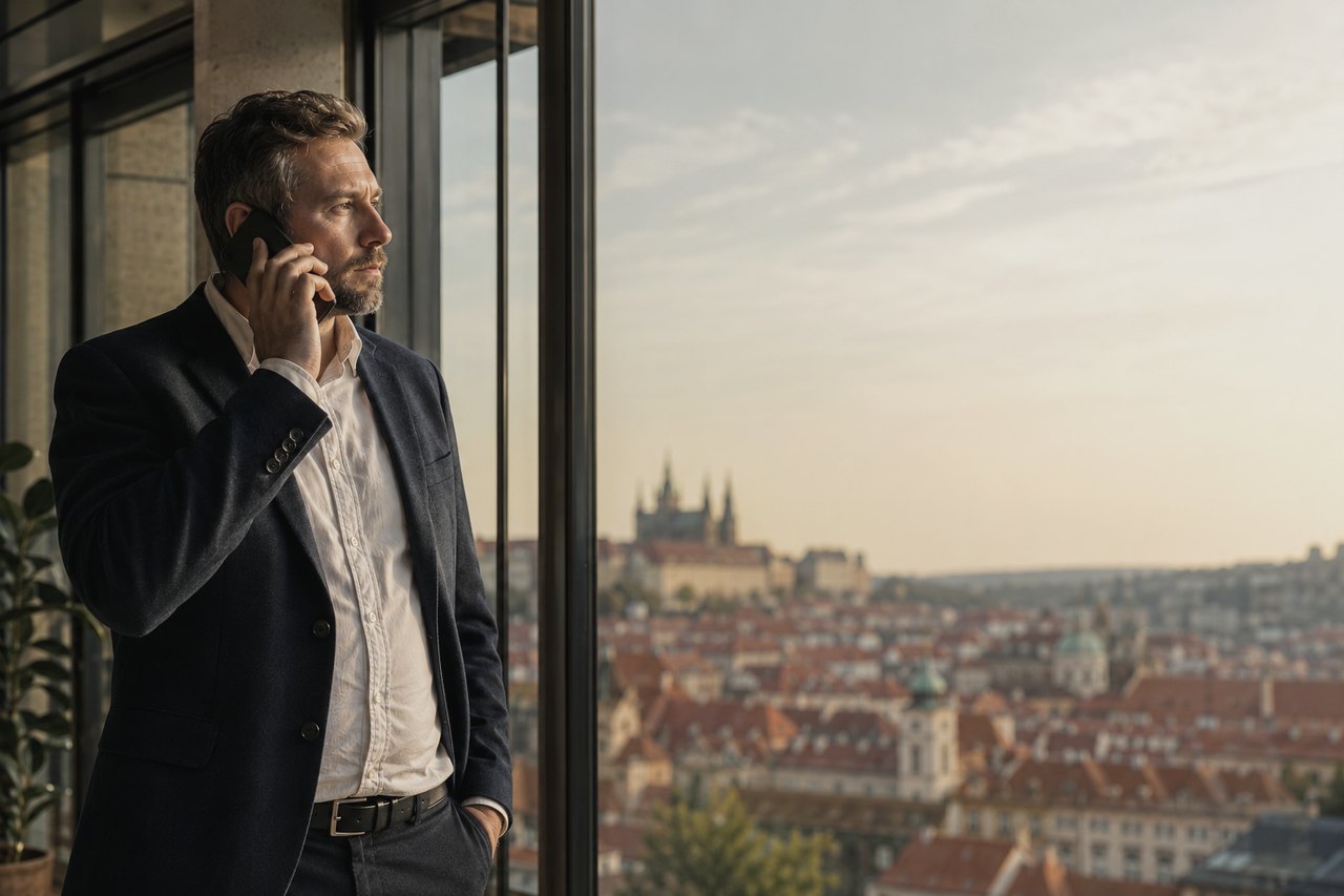 Muž v tmavém saku a bílé košili stojí u velkých prosklených oken pražské kanceláře, telefonuje z mobilu a zamyšleně hledí ven; za sklem se v podvečerním světle rozprostírají střechy Prahy a v dálce Pražský hrad s katedrálou svatého Víta.