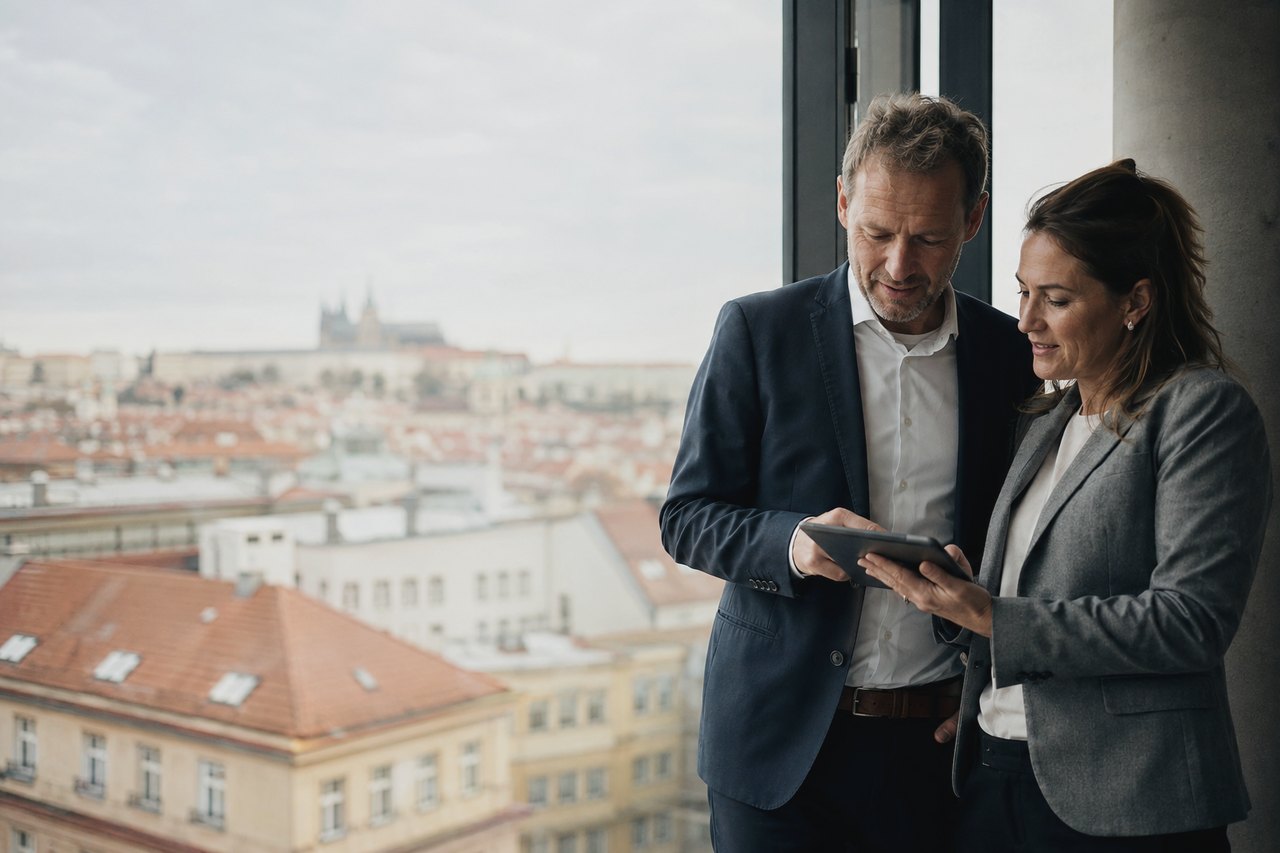 Muž v tmavém obleku a žena v šedém saku stojí u velkého okna kanceláře a společně se dívají na tablet; v pozadí panorama Prahy s Pražským hradem a červenými střechami