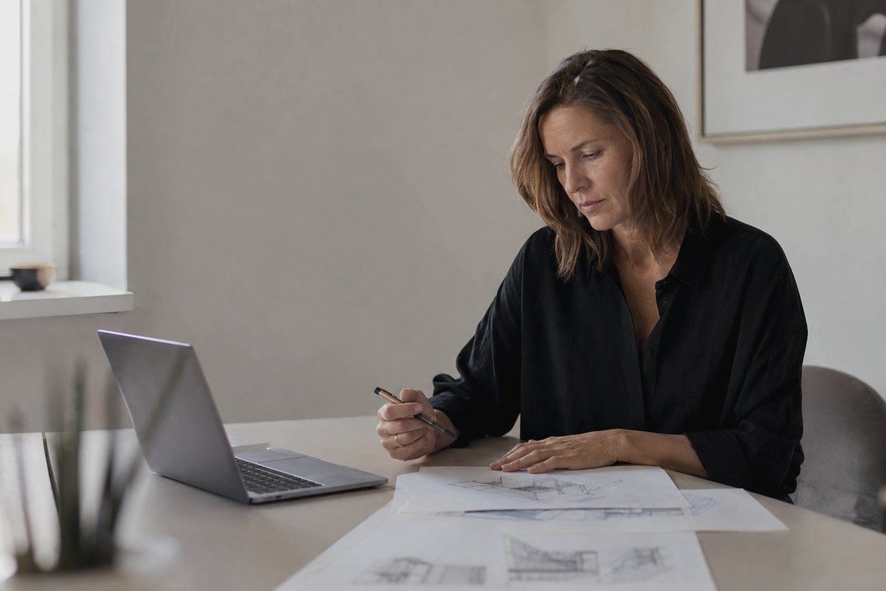Žena v černé košili sedí u světlého stolu, v ruce drží pero, před sebou má otevřený notebook a rozložené tištěné dokumenty s nákresy; prosvětlená místnost s oknem a obrazem na stěně.